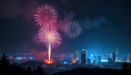 fireworks over the river at city night