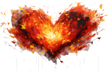 A vibrant, artistic representation of a heart in fiery colors, symbolizing passion and love against a white background.