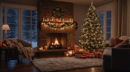 Fototapeta premium A cozy Christmas living room with a fireplace, a decorated Christmas tree, and warm, twinkling lights