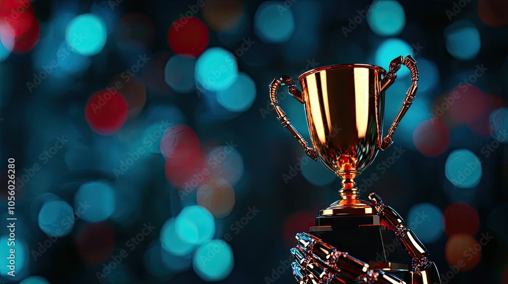 Poster golden trophy on a blurred colorful background with bokeh lights.