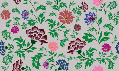 A vibrant floral pattern with a vintage or retro aesthetic. The colors are bold and contrasting, creating a visually engaging design. The overall feel is cheerful and nostalgic.