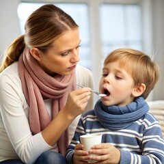 Caring Mother Giving Medicine to Sick Child