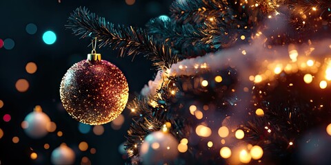 Decorative white, golden, and red glittering ball ornaments with white tinsel and garland on a Christmas tree, perfect for winter holiday banners