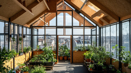 A sunlit greenhouse filled with vibrant plants showcasing lush greenery in an urban setting during daytime