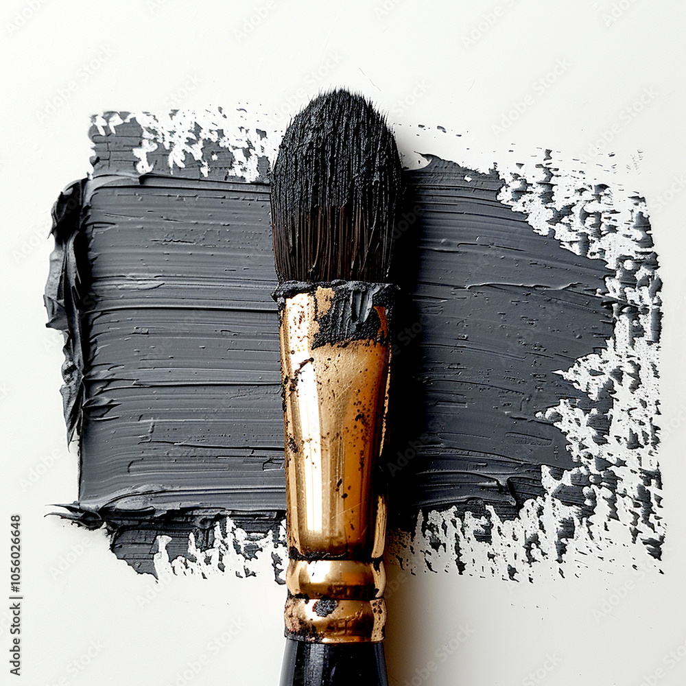 Poster artistic brush creating textured strokes of gray paint on a blank canvas