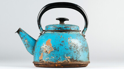 Vintage Blue Enamel Tea Kettle with Black Handle and Rust
