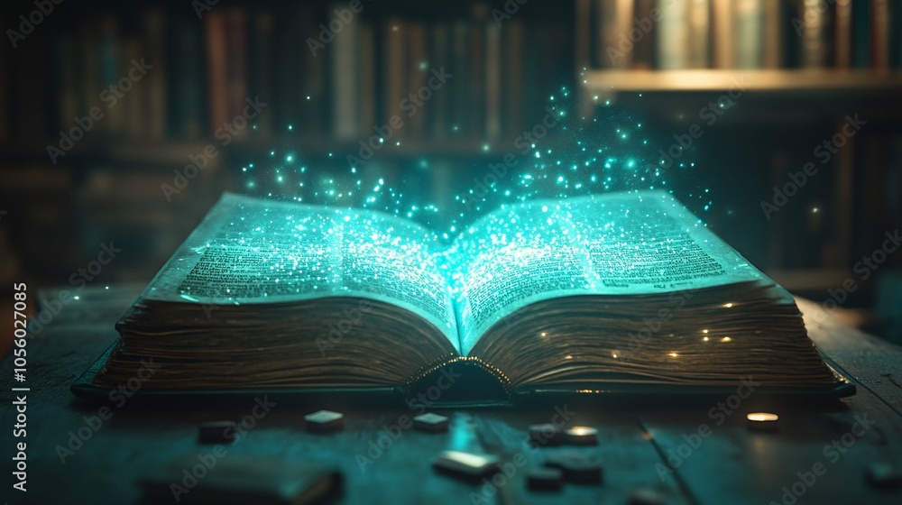 Aufkleber an enchanting open book emits glowing particles, surrounded by a mystical atmosphere, showcasing the