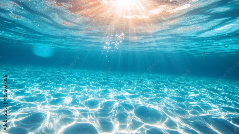 Poster sunlight filters through the clear surface of a tranquil ocean, illuminating gentle waves and underw