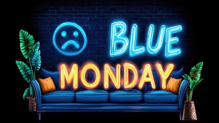 Fototapeta premium Vibrant neon sign depicting blue monday concept on a cozy sofa scene