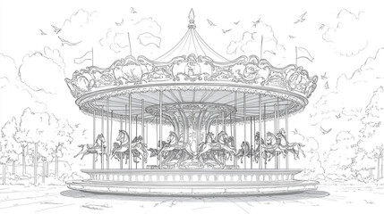 Classic Carousel Sketch  Amusement Park Ride  Vintage Illustration