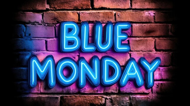 Neon blue monday text on brick wall background for creative design