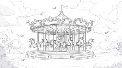 Classic Carousel Illustration with Horses and Clouds