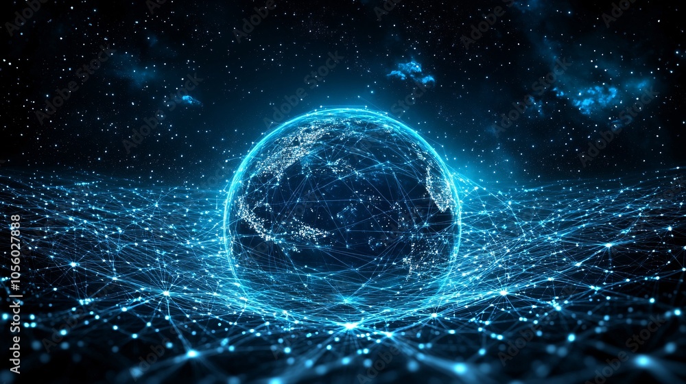 Poster a glowing blue globe surrounded by digital nodes and cosmic elements in a dark, starry background, c