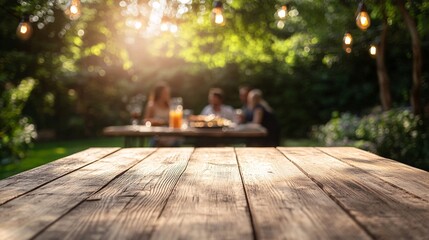 A rustic wooden table in a sunlit garden, with friends enjoying a meal in the background, illuminated by hanging lights.
