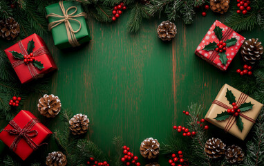 A green background with a Christmas tree and presents. The presents are in various sizes and colors, including red, green, and gold. The tree is adorned with pinecones and berries