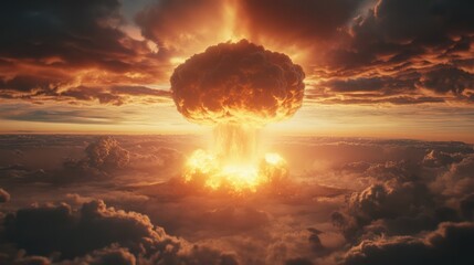 Mushroom cloud explosion with fiery blast in dark landscape. Dramatic depiction of powerful destructive force and natural disaster concept.