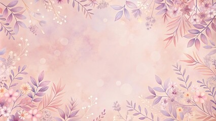 Soft pastel pink background with a delicate floral pattern featuring soft peach and lavender hues, watercolor style, soft colors, pink background