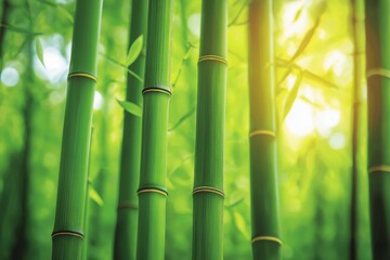Fototapeta premium Bright green bamboo trunks stand tall and vibrant with soft sunlight streaming through dense foliage