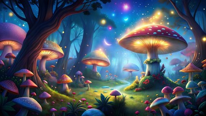 Enchanted Woodland: Luminous Mushrooms and Twinkling Stars