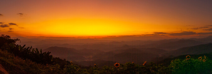 Banner Scenic view dramatic beautiful sunset sky. Panorama Natural Sunset Sunrise on meadow silhouette shadow dark land. Vibrant dramatic sky in Countryside. Landscape Sky At Sunset with copy space