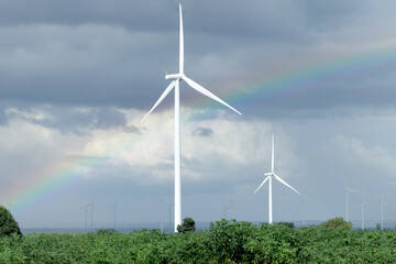 View of wind turbine farm with agricultural fields with and rainbow in the sky. High wind turbines...