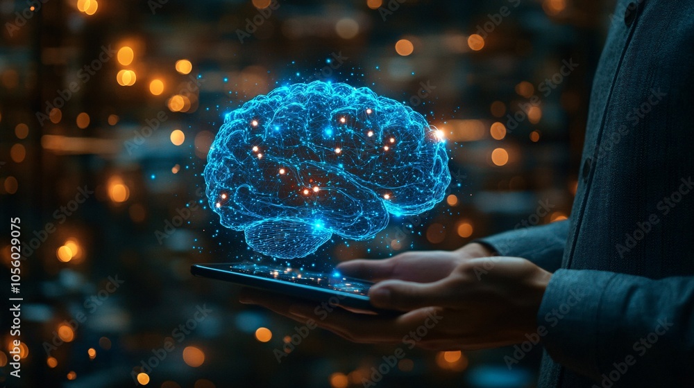 Poster a person holds a device displaying a glowing, digital brain, symbolizing artificial intelligence, te