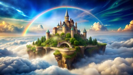 Rainbow over a magical castle in the clouds