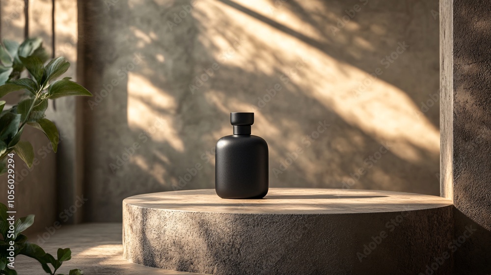 Poster a minimalist black fragrance bottle is elegantly displayed on a textured surface, surrounded by natu