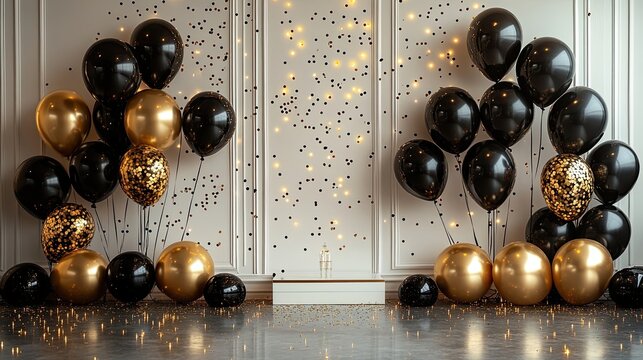 Birthday gold balloon happy card background black white party gift. Poster gold birthday elegant balloon anniversary design luxury premium template invite mockup christmas room rose ribbon silver up