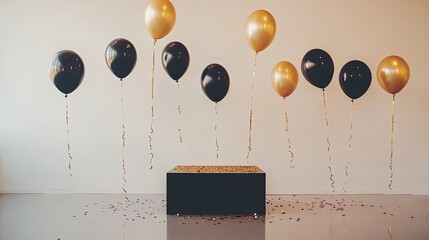 Birthday gold balloon happy card background black white party gift. Poster gold birthday elegant balloon anniversary design luxury premium template invite mockup christmas room rose ribbon silver up