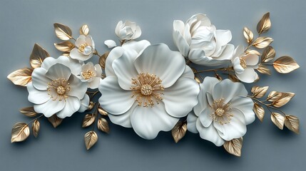 A delicate arrangement of white flowers with gold accents set against a muted blue background, showcasing elegance and artistic design.
