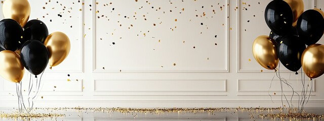 Birthday gold balloon happy card background black white party gift. Poster gold birthday elegant balloon anniversary design luxury premium template invite mockup christmas room rose ribbon silver up