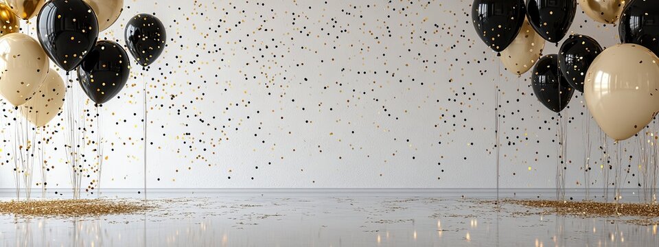 Birthday gold balloon happy card background black white party gift. Poster gold birthday elegant balloon anniversary design luxury premium template invite mockup christmas room rose ribbon silver up