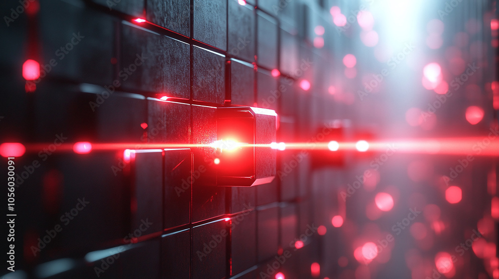 Poster red beams of light intersecting a high-tech wall of dark cubes in a futuristic environment