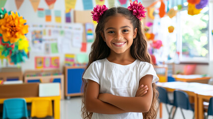 Smiling girl with flowers in her hair stands in a colorful classroom..