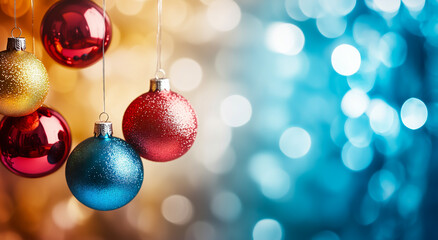 Fototapeta premium Vibrant Christmas Ornaments on Colorful Bokeh Background
