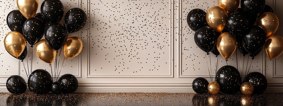 Birthday gold balloon happy card background black white party gift. Poster gold birthday elegant balloon anniversary design luxury premium template invite mockup christmas room rose ribbon silver up