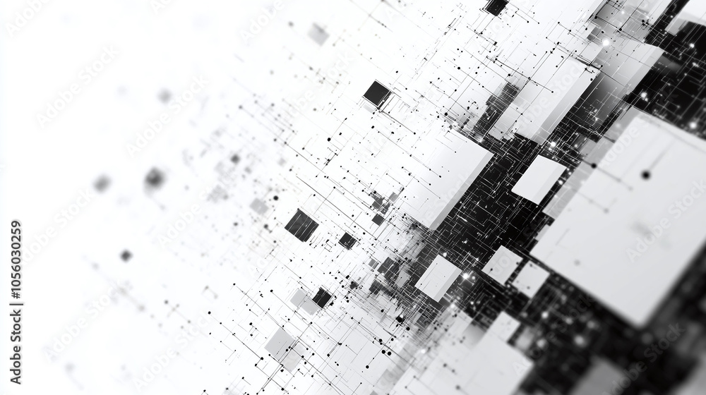 Poster a captivating abstract depiction of interconnected cubes in a grayscale digital landscape