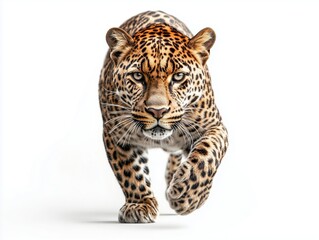 Obraz premium The majestic cheetah walks forward, centered on a white background. Its sleek body and determined gaze convey both power and grace, making this a captivating wildlife portrait.
