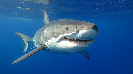 Naklejka premium A great white shark swims through blue water with its mouth open.