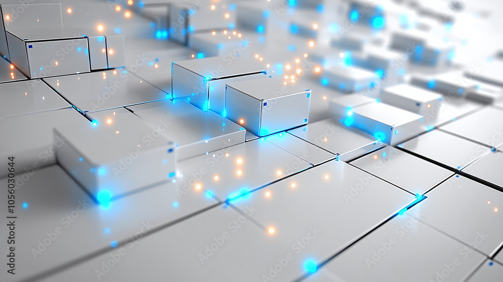 Poster abstract digital landscape with glowing cubes and bright particles in a futuristic setting
