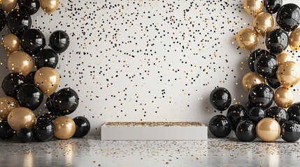 Birthday gold balloon happy card background black white party gift. Poster gold birthday elegant balloon anniversary design luxury premium template invite mockup christmas room rose ribbon silver up