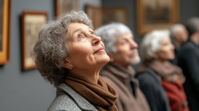 Senior Woman Looking Up at Artwork in Art Gallery