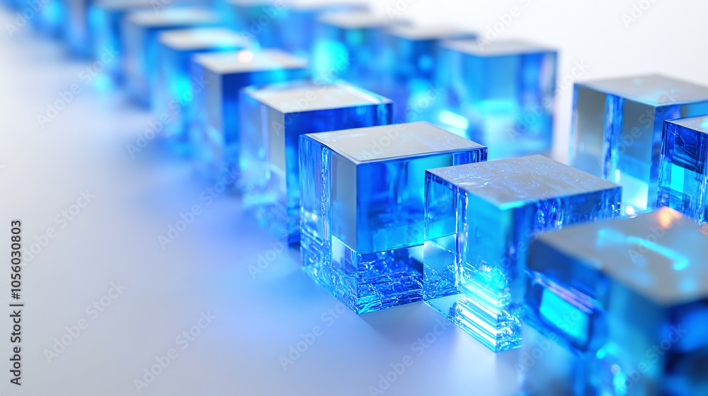 Aufkleber vibrant blue crystal blocks arranged in a mesmerizing linear pattern on a reflective surface