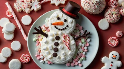 Naklejka premium A delightful Christmas snowman crafted from sweets, featuring colorful candies and a whimsical design, perfect for festive celebrations