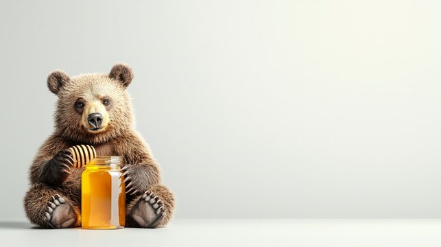 A bear happily holding a glass jar of honey, isolated on a simple background