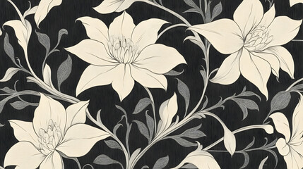A floral pattern featuring large white flowers on a dark background for decorative purposes.