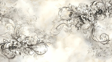 A delicate floral design with intricate swirls in soft beige and gray tones.