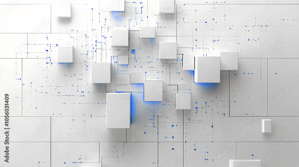 Poster abstract architectural design featuring luminous cubes on a textured wall at twilight