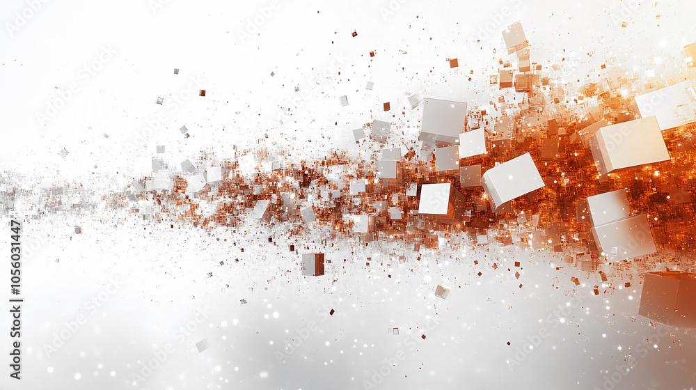 Poster Dynamic Explosion of Colorful Cubes Dispersing Into a Bright, Ethereal Background at Dawn